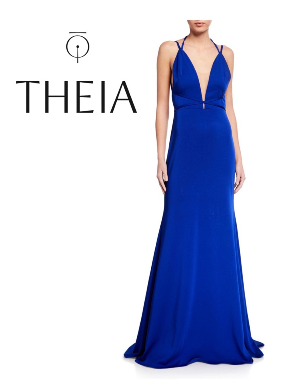 LOVE by Theia Low V-Neck Open-Back Fitted Crepe Gown